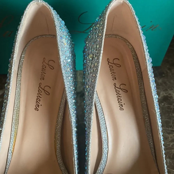 Lauren Lorraine | Candy Crystal Studded Peep Toe Stiletto Heels like new-Silver - Picture 4 of 5
